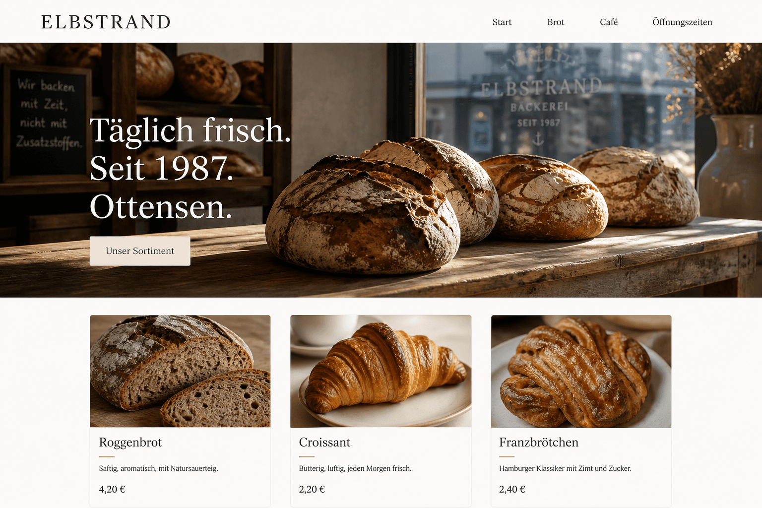 Startseite der Bäckerei Elbstrand mit Sauerteigbroten und Produktraster